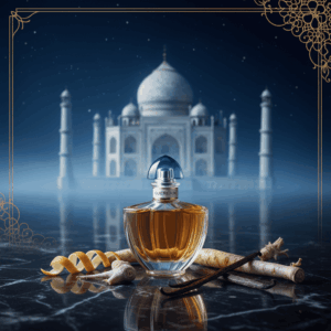 Ikonischer Flakon von Shalimar mit seinem blauen Fächerverschluss, inszeniert mit Vanilleschoten und einer Andeutung des Taj Mahal.