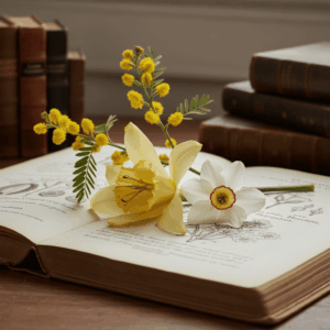 Komposition seltener Blumen (Champaca, Narzisse, Cassie) auf einem alten Herbarium, die die botanische Vielfalt in der Nischenparfümerie illustriert.