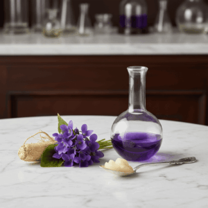 Violet flowers, iris rhizome, and laboratory glassware, illustrating the alliance of nature and chemistry (ionones) in perfumery.