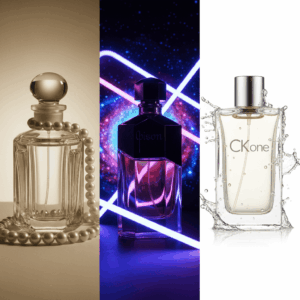 Historical collage showing the evolution of perfume bottles: Art Deco style of the 20s, opulent style of the 80s, and minimalism of the 90s.