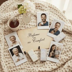 Composition cocooning avec lettres de témoignages, photos polaroid et échantillons de parfum, illustrant le soutien de la communauté.