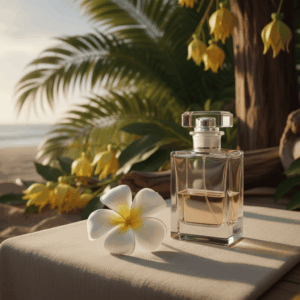 Frangipani flower placed on pale linen, with a perfume bottle, in a soft golden tropical ambiance