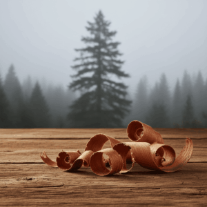 Red cedar wood chips on a wooden table, illustrating the dry woody note used in perfumery.