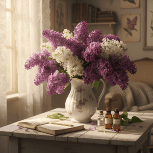 Purple and white lilac bouquet with laboratory vials, illustrating the reconstitution of this silent flower in perfumery.