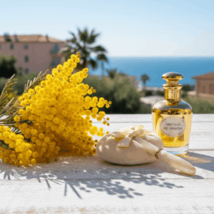 Yellow mimosa branch and powder puff, illustrating the characteristic floral and powdery note in perfumery.