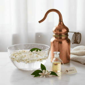 Fresh orange blossoms and neroli essential oil vial near a still, illustrating the distillation process.