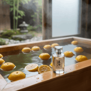 Yuzu fruits floating in a traditional Japanese bath and perfume bottle, illustrating the freshness and benefits of this citrus.