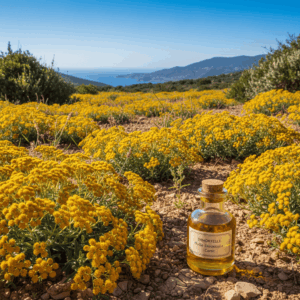 Yellow immortelle flower fields in Corsica and essential oil vial, illustrating the spicy and solar note in perfumery.