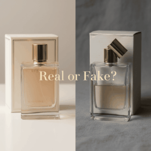 Visual comparison between the packaging and bottle of a real luxury perfume and a counterfeit fake perfume.