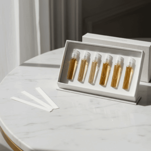 Opened perfume discovery box showing 5 samples and blotters, illustrating how to test and choose your olfactory signature at home.