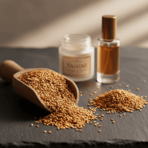 Wooden spoon filled with golden sesame seeds and perfume bottle, illustrating the hazelnut and warm bread note in perfumery.