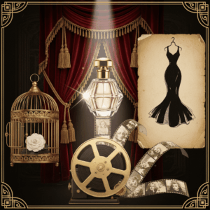 Artistic composition evoking cult perfume commercials with a golden cage, red curtain, and film strip.
