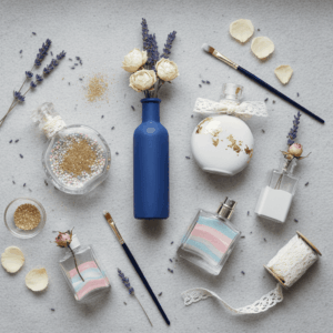 Empty perfume bottles transformed into vases and decorative objects, some painted matte white or Klein blue, others filled with pearls or dried flowers on an elegant background.