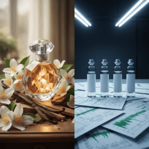 Conceptual photography comparing an original perfume surrounded by noble natural raw materials face to face with bottles of generic perfumes placed on chromatography charts.