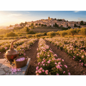 Landscape of Grasse with Centifolia rose fields, harvest basket, and copper still, illustrating the expertise of the perfume capital.