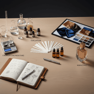 Still life illustrating perfume professions: laboratory equipment, scent strips, and prototype bottle on a creation desk.