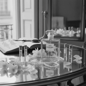 Still life photography illustrating the creation of Chanel N°5: the iconic bottle surrounded by numbered laboratory samples, pearls, and Grasse flowers in a 1920s atmosphere.