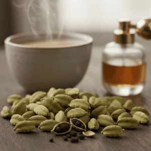 Gros plan sur des gousses de cardamome verte et leurs graines noires, illustrant l'épice fraîche utilisée en parfumerie.