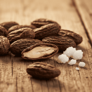 Close-up on wrinkled tonka beans and coumarin crystals, illustrating almondy and powdery notes in perfumery.