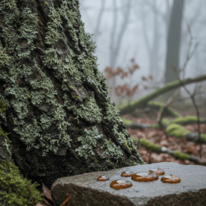Close-up of Evernia prunastri lichen on oak bark, illustrating the raw material of chypre perfumes.