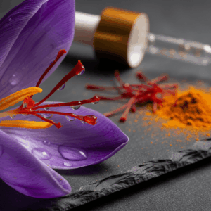 Close-up on the red pistils of a Crocus Sativus flower (saffron), illustrating the precious raw material used in perfumery.