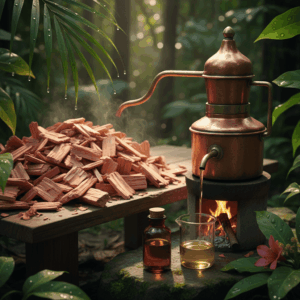 Reddish rosewood chips and essential oil vial in an Amazonian jungle setting, illustrating ethical production in Peru.