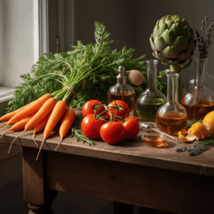 Artistic composition with carrots, tomatoes, and artichokes mixed with perfume bottles, illustrating new vegetal olfactory trends.