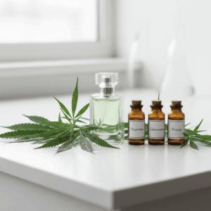 Botanical composition with cannabis leaves and laboratory vials illustrating the use of terpenes and CBD in perfumery.