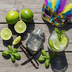 Nature morte brésilienne avec citrons verts, cocktail Caïpirinha, masque de carnaval et flacon de parfum.