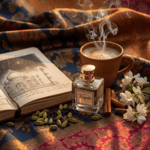 Indian still life with Chai tea, spices (cardamom, pepper), jasmine flowers, and Vangelis perfume bottle on colored silk.