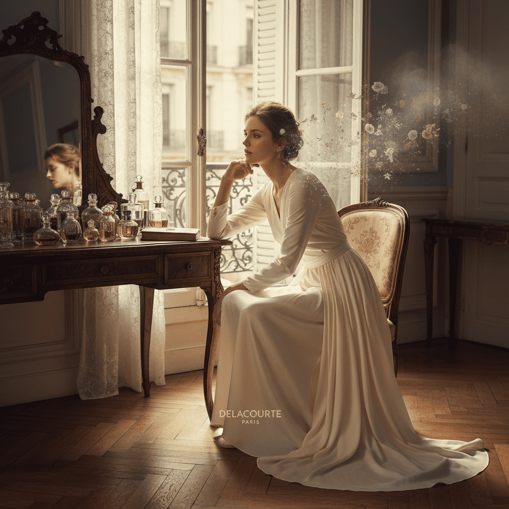 Elegant woman in a dissipating cloud of perfume, illustrating olfactory habituation.