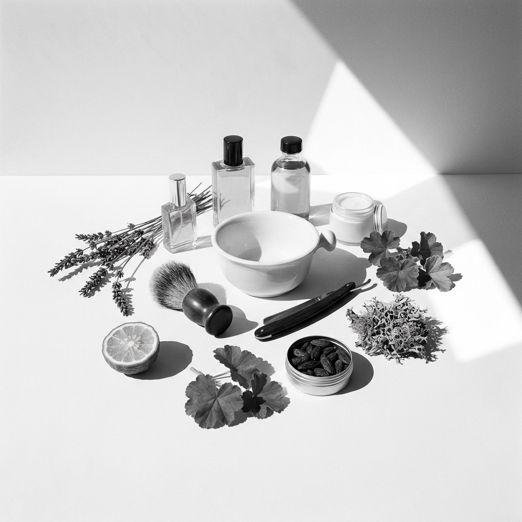 Fotografia em vista de cima (flat lay) sobre uma superfície de madeira rústica, ilustrando os ingredientes-chave do acorde perfumístico Fougère: lavanda seca, bergamota, gerânio, raízes de vetiver, musgo de carvalho e favas-tonca. Estão dispostos ao lado de um pincel de barba antigo, de uma taça de barbear com espuma e de uma navalha de barbeiro, evocando o universo tradicional do barbeiro.
