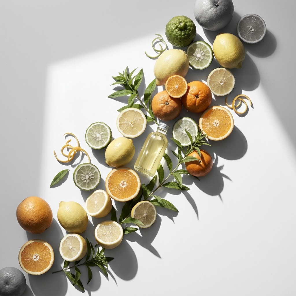 Fotografia luminosa em vista de cima mostrando uma variedade de citrinos frescos utilizados em perfumaria: bergamotas, laranjas, limões, tangerinas e yuzu, alguns cortados para mostrar a polpa, misturados com cascas, folhas de verbena e um frasco de óleo essencial sobre uma superfície de pedra ensolarada, ilustrando a família olfativa Hesperidada.