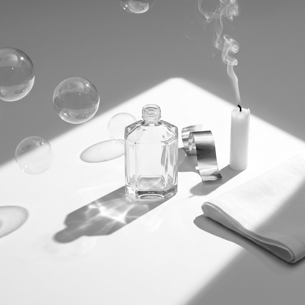 Fotografia artística conceptual de um frasco de laboratório rodeado de bolhas prateadas e vapor, ilustrando a frescura metálica e o efeito "limpo" das notas aldeídicas em perfumaria.