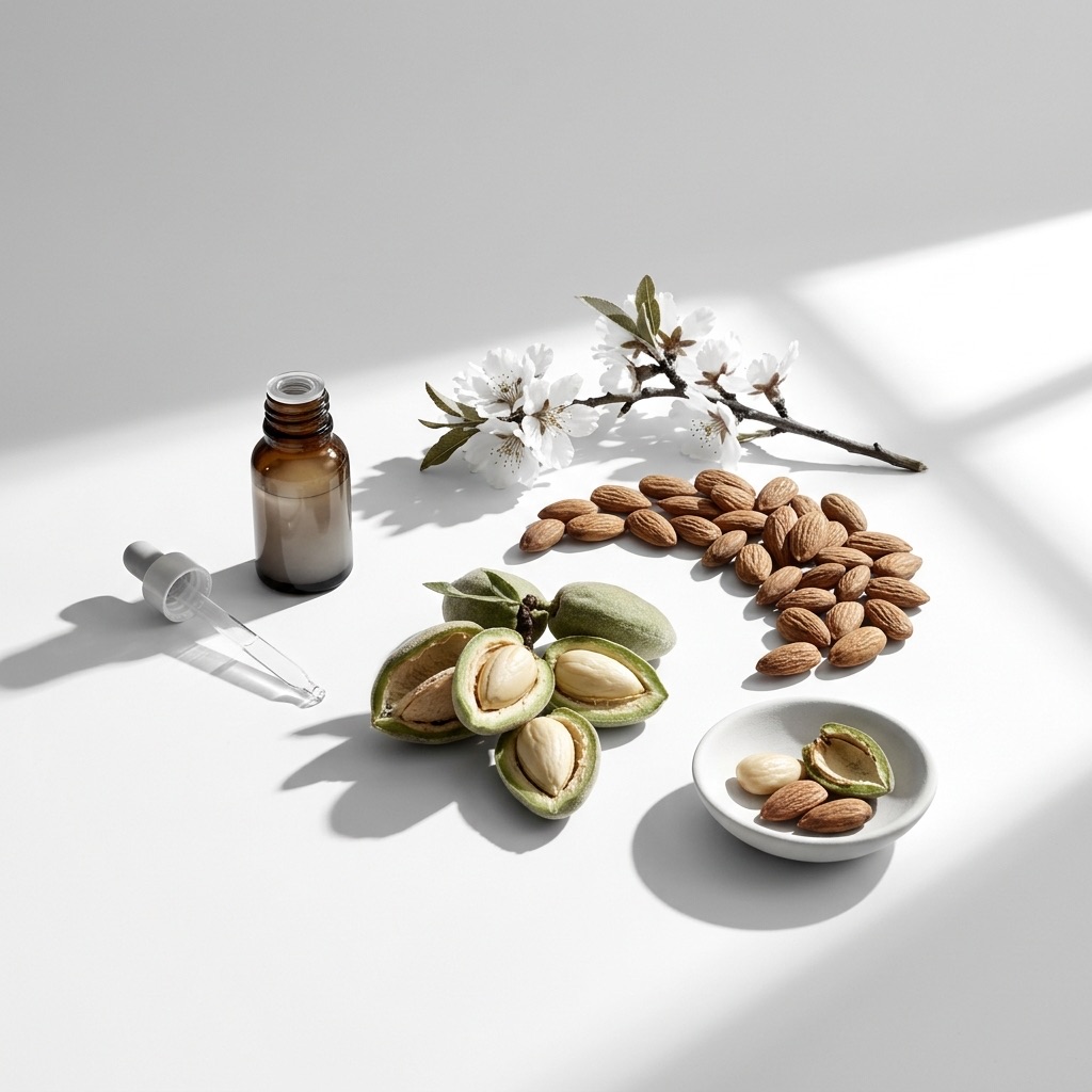 Amêndoas frescas e caroços de alperce, ilustrando a origem natural da nota amendoada em perfumaria.