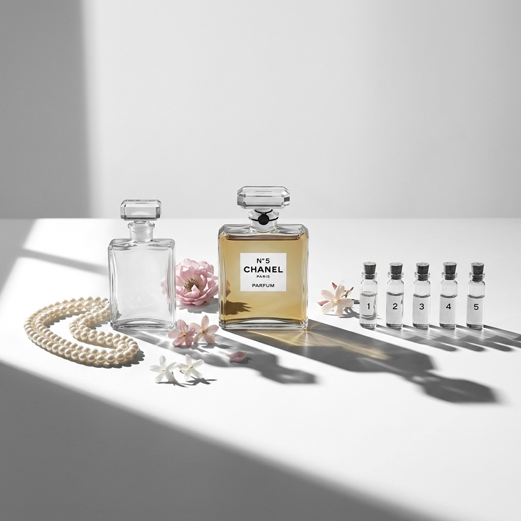 Fotografia de natureza-morta ilustrando a criação do Chanel N°5: o frasco icónico rodeado de amostras de laboratório numeradas, pérolas e flores de Grasse numa atmosfera dos anos 20.