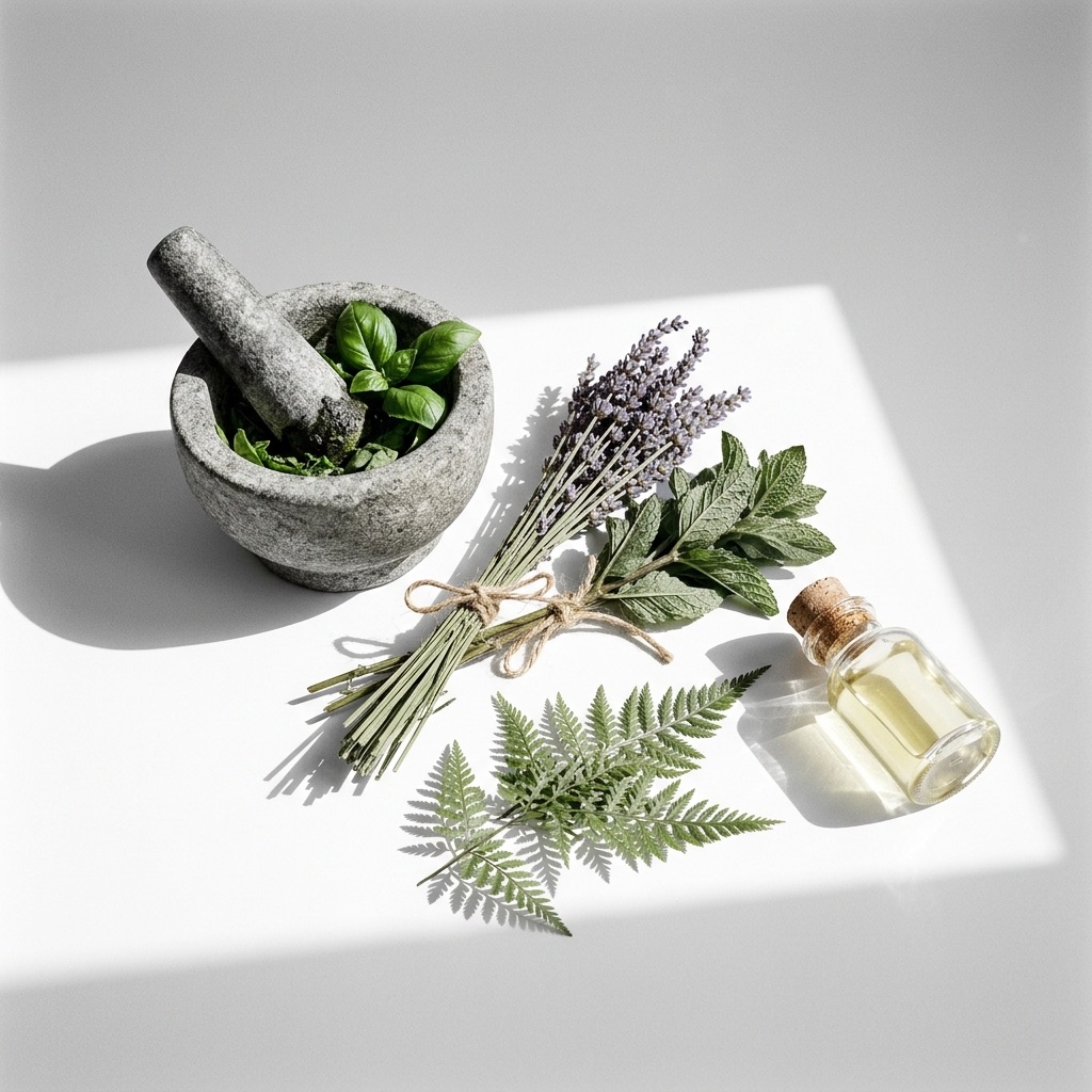 Fotografia de natureza-morta com lavanda, menta, alecrim e anis-estrelado junto a um frasco de óleo essencial, ilustrando a família olfativa aromática e fougère.