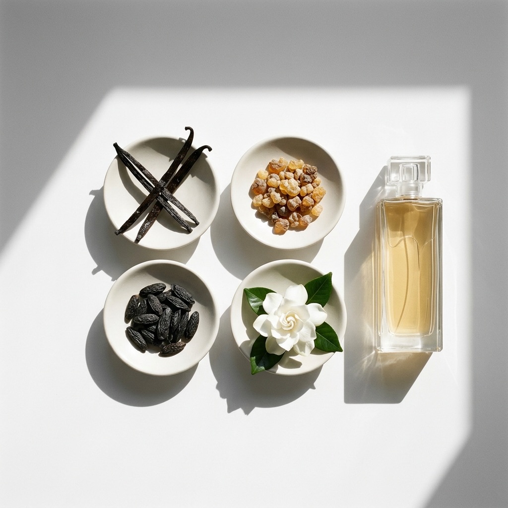 Composição artística de matérias-primas nobres (Baunilha, Mirra, Fava-tonca, Gardénia) que ilustra a coleção L'Art et La Matière de Guerlain.