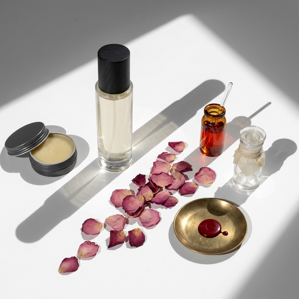 Natureza-morta ilustrando o vocabulário técnico da perfumaria: pote de concrète, frasco de absoluto e frasco com baudruchage e selo de cera.