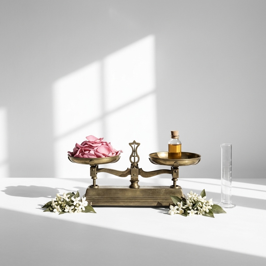 Composição gráfica com balança, pétalas de rosa e frasco ilustrando as estatísticas e rendimentos da perfumaria.