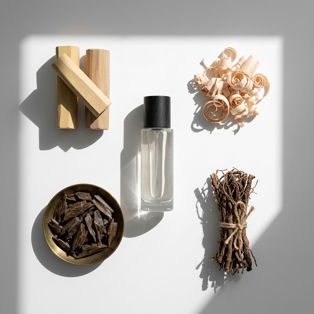 Composição de sândalo, aparas de cedro e madeira de oud, ilustrando a riqueza das notas amadeiradas em perfumaria.