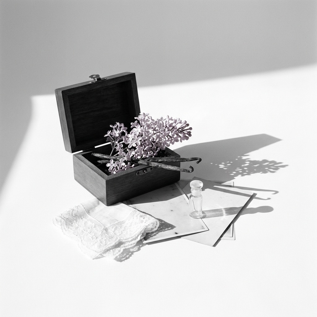 Fotografia artística de uma caixa negra entreaberta libertando flores de lilás e baunilha, simbolizando a ligação entre perfume e memória emocional.