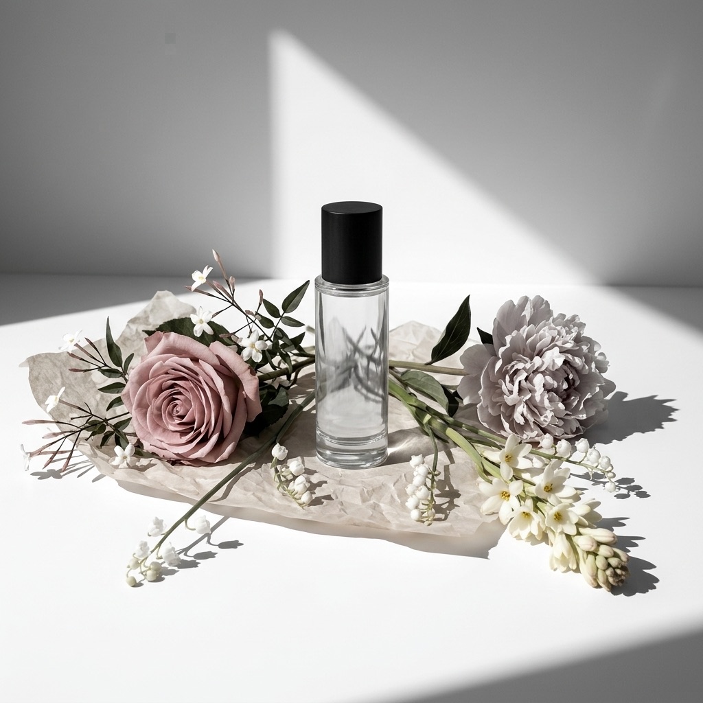 Frasco de perfume rodeado de flores frescas: jasmim, rosa, peónia e lírio-do-vale