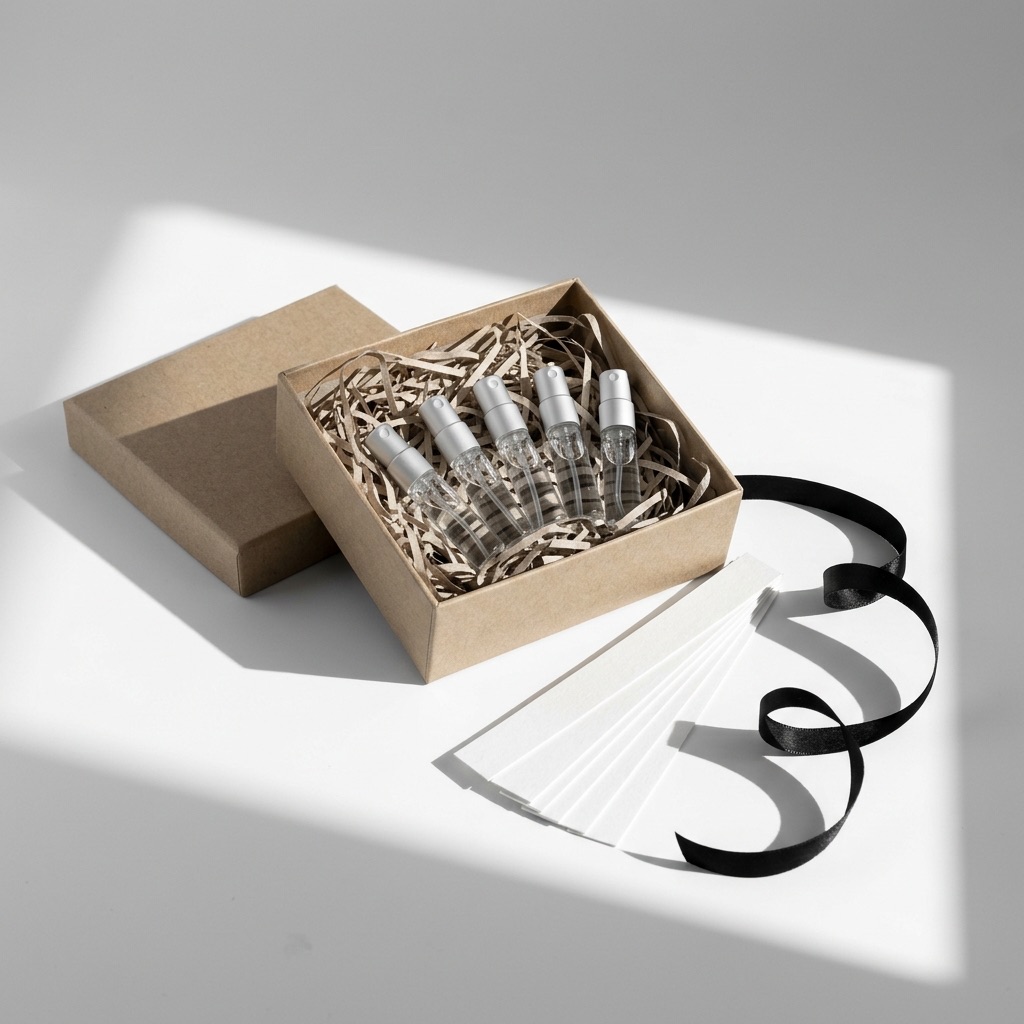 Coffret de descoberta de perfume aberto mostrando 5 amostras e mouillettes, ilustrando como testar e escolher a sua assinatura olfativa em casa.