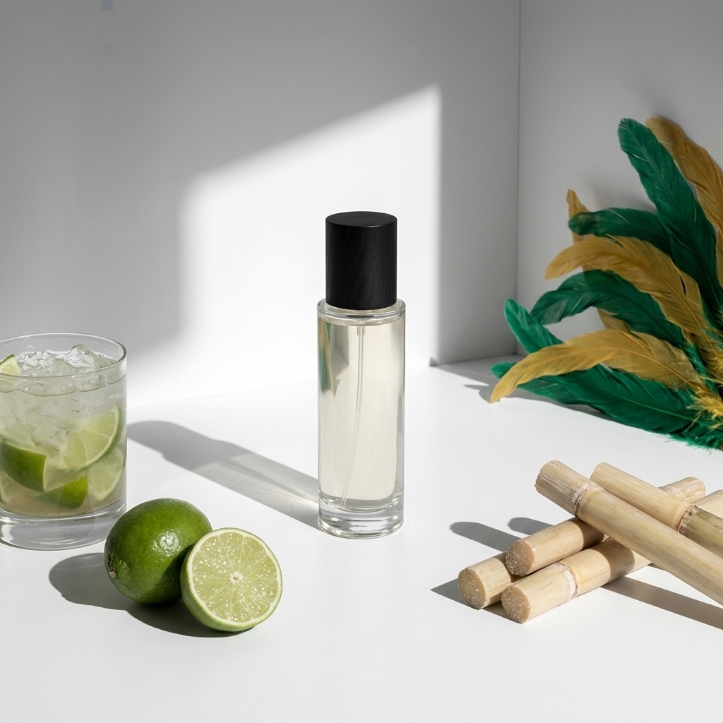 Natureza-morta brasileira com limas, cocktail Caipirinha, máscara de carnaval e frasco de perfume.
