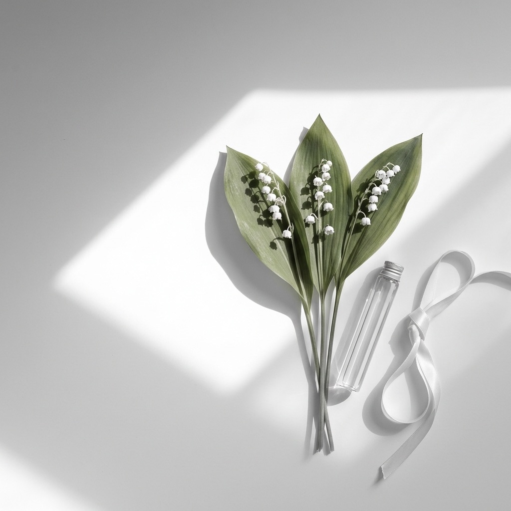 Ramo de muguet fresco e frascos de laboratório, ilustrando a reconstituição desta flor muda na perfumaria.