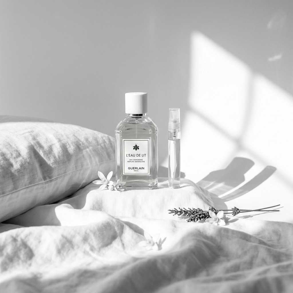 Frasco de Eau de Lit Guerlain pousado junto a uma janela aberta com lençóis brancos, evocando frescura e limpeza.
