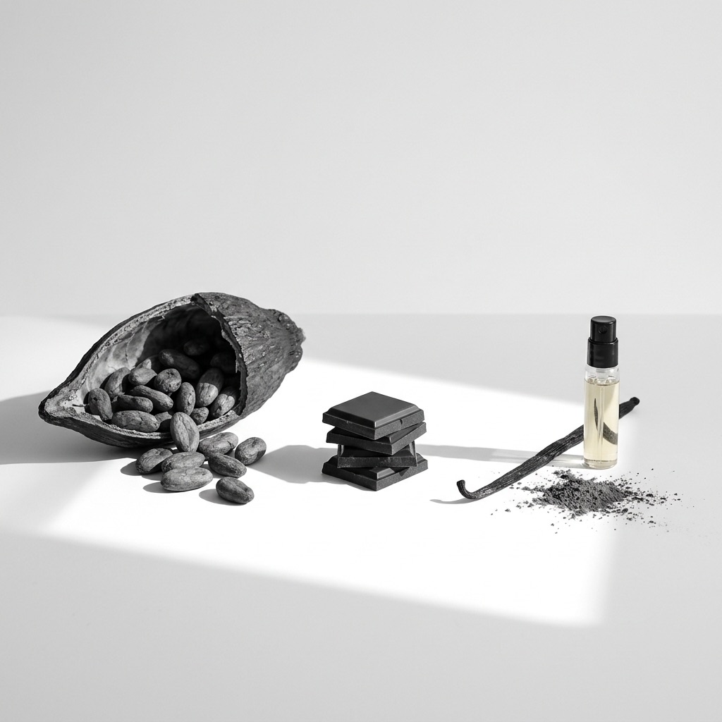 Grãos de cacau, quadrados de chocolate negro e vagem de baunilha, ilustrando a nota gourmand cacau em perfumaria.