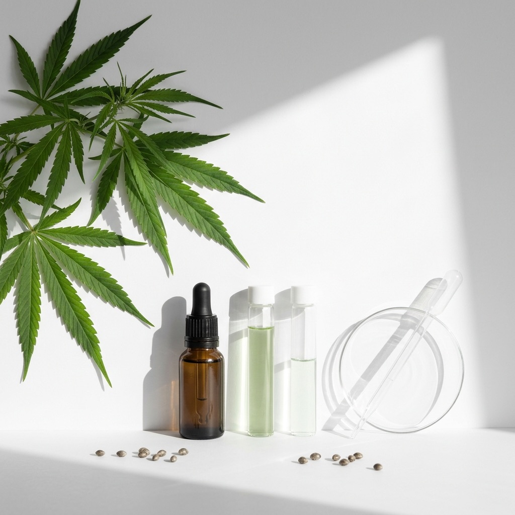 Botaninė kompozicija su kanapių lapais ir laboratoriniais buteliukais, iliustruojanti terpenų ir CBD naudojimą parfumerijoje.
