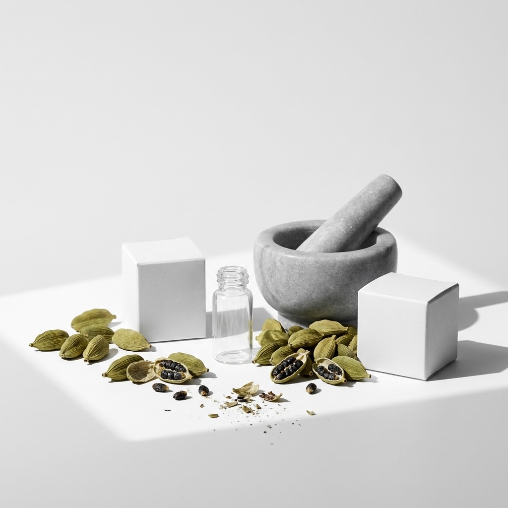 Pormenor de vagens de cardamomo verde e das suas sementes negras, ilustrando a especiaria fresca utilizada em perfumaria.